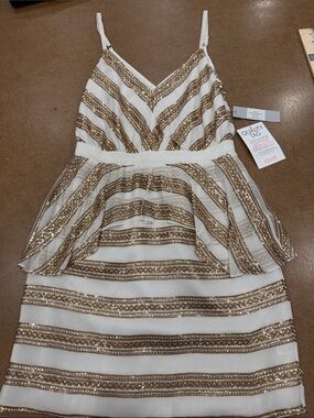 NWT Dallin Chase White and Gold Sequin Cocktail Striped Women's Dress SZ M